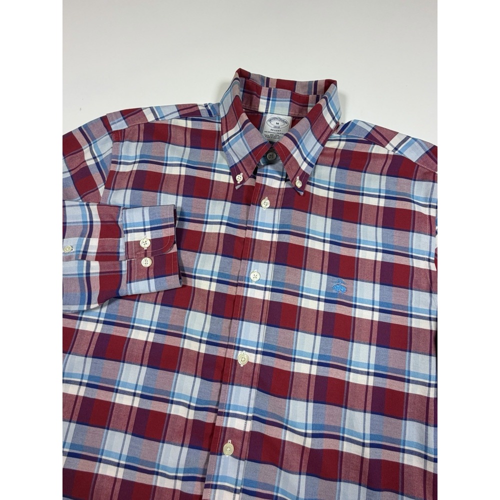 Brooks Brothers Regent Shirt Mens Medium Red Blue Plaid Supima Cotton Non-Iron